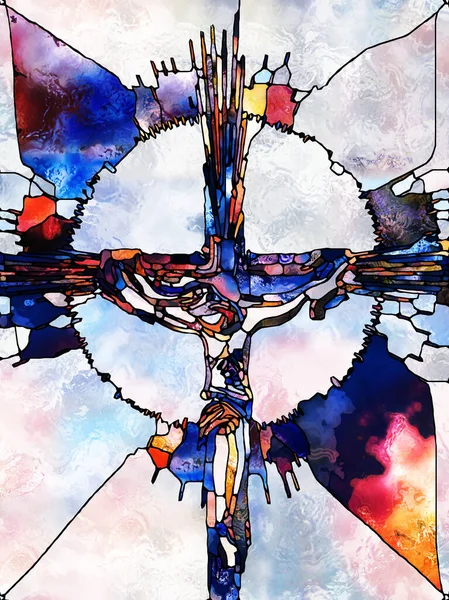 色の信仰 ステンドグラスシリーズのクロス キリストと自然の十字架刑の断片化された団結の主題に関するデザインを補完する有機的な教会の窓の色パターンの背景 — ストック写真