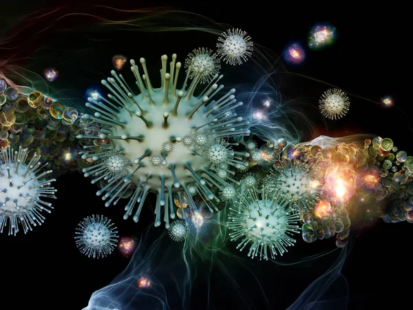 ウイルス感染 免疫系 健康をテーマにしたコロナウイルスウイルス粒子とマイクロ環境要素の3Dレンダリング — ストック写真