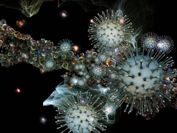 Rendering Interaction Viral Particles Abstract Microscopic Elements Subject Coronavirus Infection — Stock Photo, Image