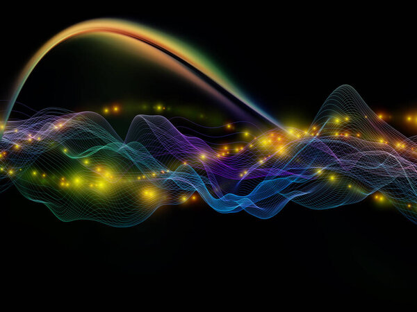 Космический сигнал. Серия Virtual Wave. Графический состав горизонтальных синусовых волн и легких частиц для объекта передачи данных, виртуальной, искусственной, математической реальности.