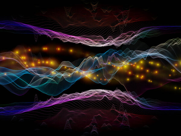 Transfer in Space. Virtual Wave series. Creative arrangement of horizontal sine waves and light particles for subject of data transfer, virtual, artificial, mathematical reality.