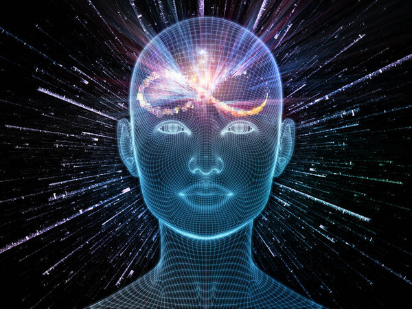 Светлые сны. Серия игр Lucid Mind. Фоновый дизайн 3D рендеринга светящейся проволочной сетки человеческое лицо на предмет искусственного интеллекта, человеческого сознания и духовного ИИ