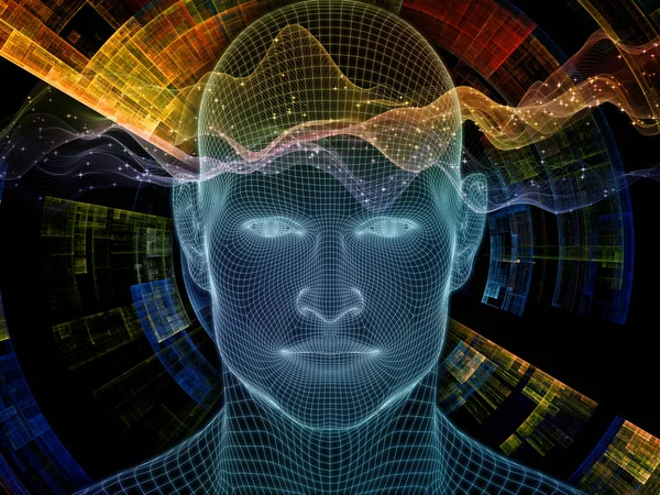 Luminous Dreams. Lucid Mind series. Artistic abstraction of 3D rendering of glowing wire mesh human face on the topic of artificial intelligence, human consciousness and spiritual AI