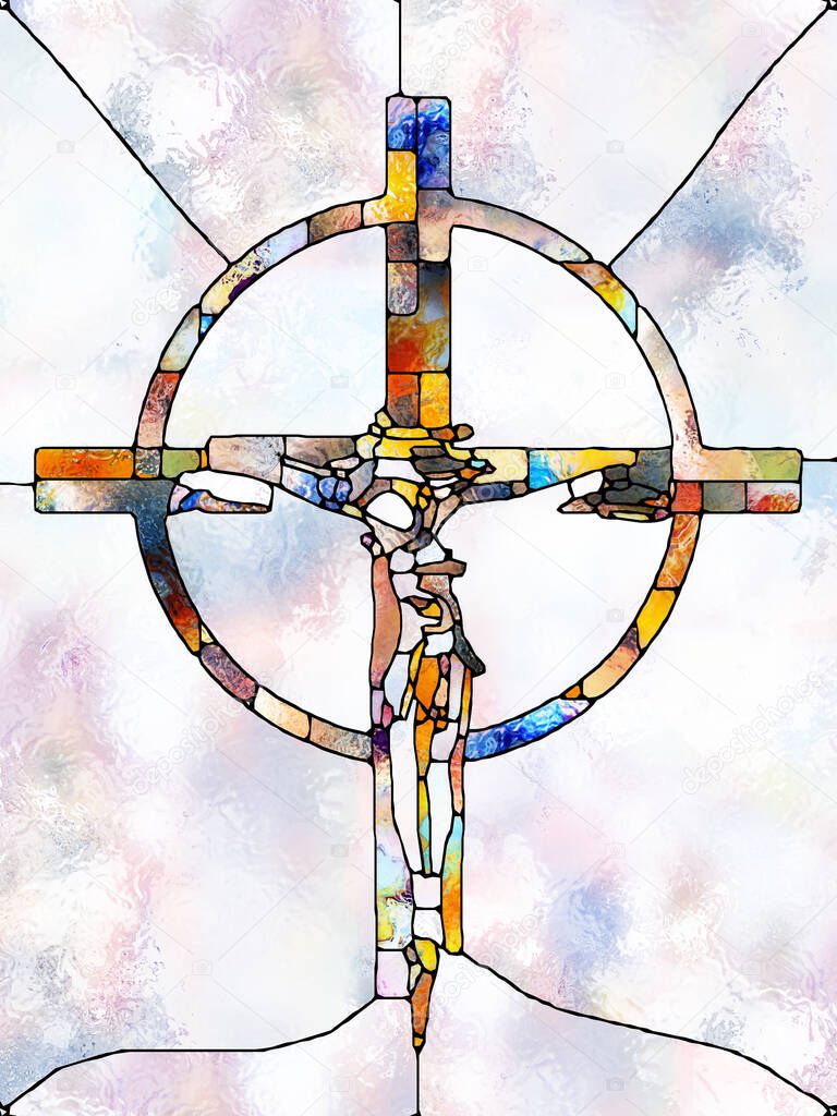 Faith of Color. Cross of Stained Glass series. Composition of organic church window color pattern in association with fragmented unity of Crucifixion of Christ and Nature