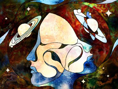 Lekeli Glass Forever serisi. Bilim, iç gerçeklik ve yaşamın birliği üzerine evrenin rengarenk desenleri ve sembolleriyle kadın ve erkek başları birbirlerini inceliyor..