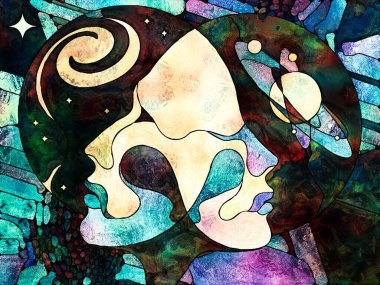 Lekeli Glass Forever serisi. Bilim, iç gerçeklik ve yaşamın birliği üzerine evrenin rengarenk desenleri ve sembolleriyle kadın ve erkek başları birbirlerini inceliyor..