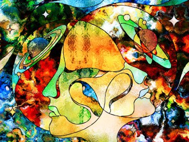 Lekeli Glass Forever serisi. Bilim, iç gerçeklik ve yaşamın birliği üzerine evrenin rengarenk desenleri ve sembolleriyle kadın ve erkek başları birbirlerini inceliyor..