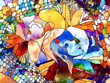 Lekeli Glass Forever serisi. Tasarım, yaratıcılık ve hayal gücü konularında insan profillerinin, sembollerin ve renk kalıplarının arkaplan tasarımı