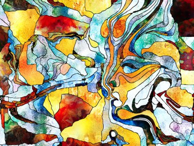 Lekeli Glass Forever serisi. Sanat, uzay bölünmesi ve tasarım konularında renk parçacıklarının, şekil kalıplarının ve sembollerin düzenlenmesi