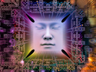 Yapay Zeka serisi. Süper insan yapay zekası, bilgisayar bilinci ve teknolojisi konularında insan yüzü ve bilgisayar elementlerinin 3 boyutlu tasarımı