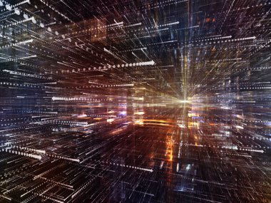 Sanal uzay serisi. Bilgi teknolojisi, bilgisayarlar ve iletişim konuları için perspektifte ok sembolleri olan yarı saydam 3B yapının grafiksel bileşimi