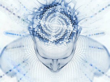 3D Renderleme Zihin Sahası serisi. Tel örgüsü insan modeli ve yapay zeka, bilim ve teknoloji tasarımları için fraktal paternlerin grafiksel yapısı