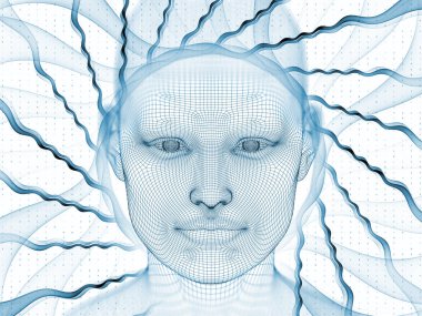 3D Renderleme Zihin Sahası serisi. Yapay zeka, bilim ve teknolojiyle ilgili projelerde zemin görevi görmesi için tel örgüsü insan modeli ve fraktal patinajlardan oluşan tasarım