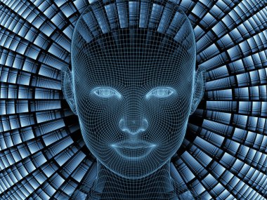 Radyasyon zihin serisi. İnsan zihni, yapay zeka ve sanal gerçeklikle ilgili projelerde zemin görevi görmesi için insan kafasının ve fraktal desenlerin 3 boyutlu kablo örgüsü modelinin oluşturulması