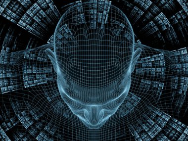 Radyasyon zihin serisi. İnsan zihni, yapay zeka ve sanal gerçeklik üzerinde insan kafası ve fraktal modelinin 3 boyutlu yansıması