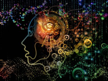 Dijital Zihin serisi. Bilgisayar bilimi, yapay zeka ve iletişim konularındaki insan yüzü ve teknoloji sembollerinden oluşan sanatsal soyutlama