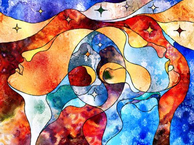 Lekeli Glass Forever serisi. Kadın ve erkek kafaları, evrenin bilim, içsel gerçeklik ve yaşamın bütünlüğü ile ilgili renkli desenleri ve sembolleriyle yukarı bakıyorlar..