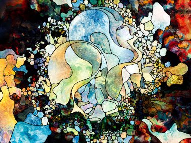 Lekeli Glass Forever serisi. Tasarım, yaratıcılık ve hayal gücü konularındaki insan profilleri, sembolleri ve renk kalıplarının arkaplanı