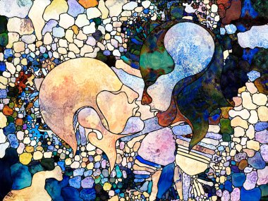 Lekeli Glass Forever serisi. Tasarım, yaratıcılık ve hayal gücü konularındaki insan profilleri, sembolleri ve renk kalıplarının arkaplanı