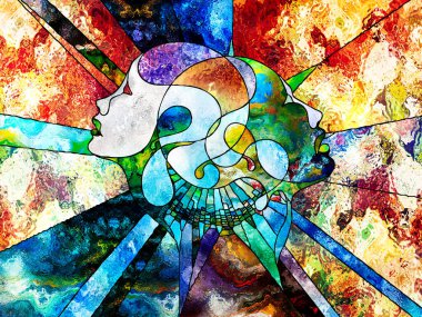 Lekeli Glass Forever serisi. İnsan profillerinin etkileşimi, soyut organik kalıplar ve sanat, yaratıcılık, hayal gücü, iç gerçeklik ve insan ve doğa birliği konularındaki renkler.