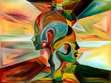 Lekeli Glass Forever serisi. Tasarım, yaratıcılık ve hayal gücü konularındaki insan profilleri, sembolleri ve renk kalıplarının kompozisyonu