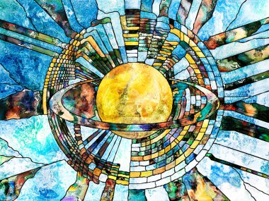 Lekeli Glass Forever serisi. Satürn 'ün, bilim, eğitim, astronomi ve Doğa konularında mozaik tarzda uygulanan görüntüsü