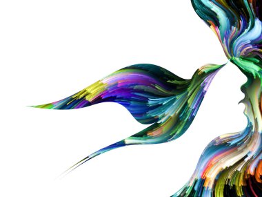 Zihin Kuşu serisi. Kadın ve kuş profilinin soyut kompozisyonu yaratıcılık, hayal gücü, maneviyat ve sanatla ilgili projelerde uygun rengarenk boyalarla uygulanır.