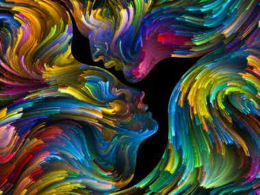 Love serisi kuş. Tuval renkli swirls ve negatif alan erkek şekillendirme, kadın profilleri ve kuş profilleri ilişki, sanat ve aşk konusunda.