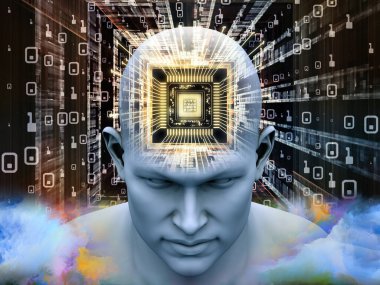 Zihin İşlemcisi serisi. Yapay zeka, akıl, kitle iletişim araçları ve modern teknoloji konusuna bakış açısıyla insan kafasının 3 boyutlu çizimi