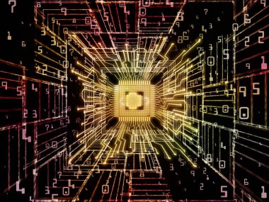 Makine serisi hesaplanıyor. Bilgisayar bilimi, dijital dünya, sanal gerçeklik ve modern teknoloji konularına perspektif olarak Fraktal ortama sahip üç boyutlu CPU çizimi