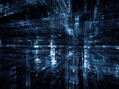 Sanal uzay serisi. Bilgi teknolojisi, bilgisayarlar ve iletişim düzeni için uygun perspektifte 3D fraktal tasarımdan oluşan görsel çekici arkaplan