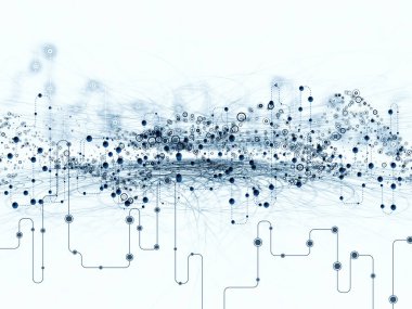 Bağlı Dünya serisi. Modern teknoloji, eğitim ve bilgisayar iletişimi konularında bir kavram metaforu olarak ağ diyagramlarının yaratıcı düzenlenmesi, yüksek teknoloji sembolleri ve fraktal desenler