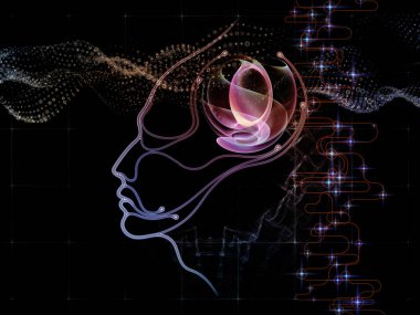 Dijital Zihin serisi. Bilgisayar bilimi, yapay zeka ve iletişim konularındaki insan yüzü ve teknoloji sembollerinin arka plan kompozisyonu