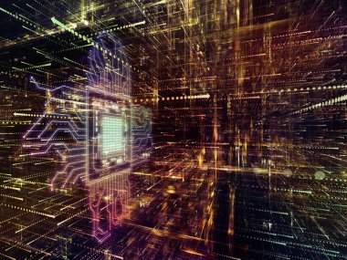 Sanal uzay serisi. Bilgi teknolojisi, bilgisayarlar ve iletişim üzerine çalışmalar için CPU sembollü 3B veri bulutunun arkaplan tasarımı