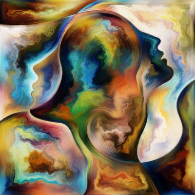 Canlı Düşünceler. Colors In Us serisi. İnsan siluetlerinden, sanat dokularından ve renklerinden oluşan soyut tasarım yaşam, drama, şiir ve algı ile ilgili etkileşim