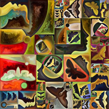 İç şifreleme serisi. Gizli anlamlar, kutsal yaşam, drama, şiir, mistisizm ve sanat konularındaki soyut organik formlar, sanat dokuları ve renklerin kolajı.