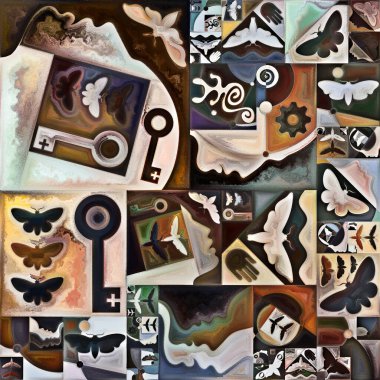 İç Şifreleme. Gizli anlamlar, kutsal yaşam, drama, şiir, mistisizm ve sanat konularındaki soyut organik formlar, sanat dokuları ve renklerin kolajı.