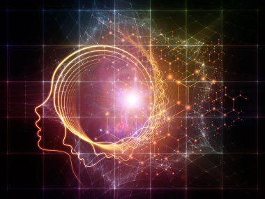 Zihin Bilimleri serisinden. Bilinç, akıl, yapay zeka ve teknoloji konularında insan siluetinin yüz çizgisi ve soyut elementlerinin arka planı