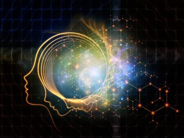 Zihin Bilimleri serisinden. İnsan siluetinin yüz hatları ve bilinç, akıl, yapay zeka ve teknoloji konularındaki soyut elementler.