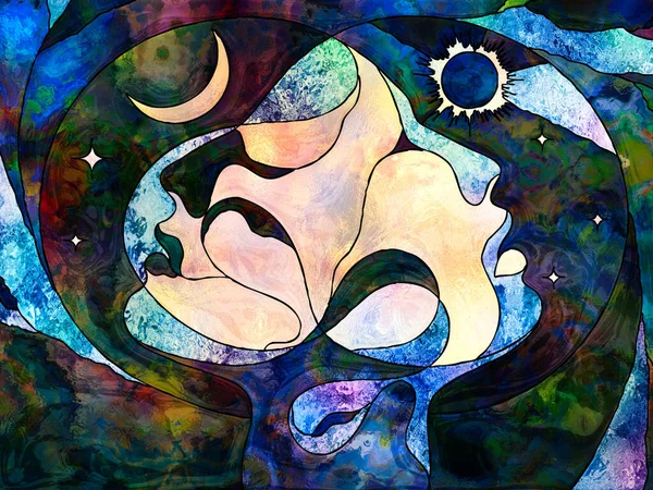 Stained Glass Forever series. Soul mate heads looking into each other, surrounded by colorful patterns and symbols of the Universe on the subject of knowledge, internal reality and mutual unity.