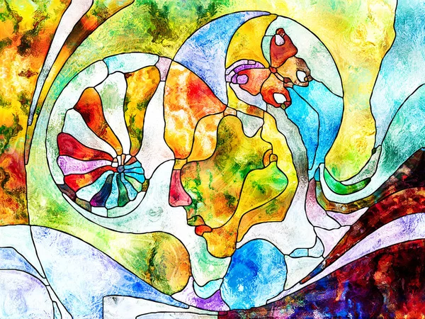 Stained Glass Forever Series Human Profiles Seashell Butterfly Symbols Drawn — Stock Photo, Image