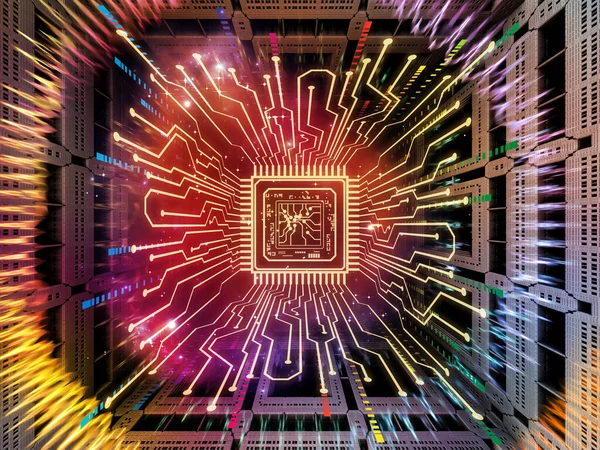 Computing Machine series. 3D illustration of CPU with fractal environment and suitable for use in the projects on computer science, digital world, virtual reality and modern technology