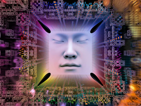 Artificial Intelligence series. Background design of 3D illustration of human face and computer elements on the subject of super human AI, computer consciousness  and technology
