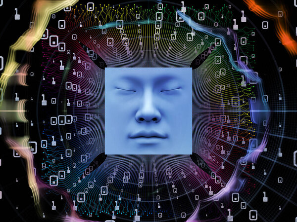 Серия искусственного интеллекта. Взаимодействие 3D иллюстрации человеческого лица и компьютерных элементов на тему сверхчеловеческого ИИ, компьютерного сознания и технологий
