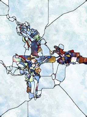 Renk inancı. Lekeli Camların Haçı serisi. İsa ve Doğa 'nın çarmıha gerilmesinin parçalanmış birliği için organik kilise pencere desenlerinin etkileşimi