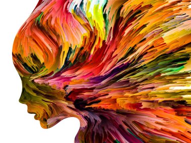 Rahatsız edici Düşünceler serisi. İnsan yüzü siluetinin içinde hareket halindeki kalın boya. İç dünya, zihin, psikoloji, depresyon, anksiyete, zihinsel hastalık, yaratıcılık ve soyut sanat konularındaki sanat çalışmaları.