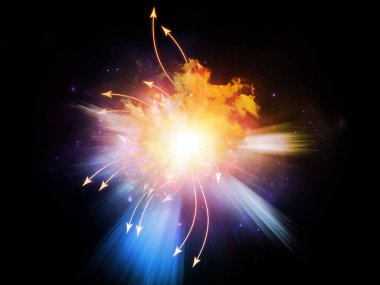 Modern teknoloji, bilim ve sanal gerçeklik konularında vektör oklarının soyut arkaplanı, fraktal patlama ve sanal nebula