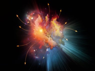 Modern teknoloji, bilim ve sanal gerçeklik konularında vektör oklarının soyut arkaplanı, fraktal patlama ve sanal nebula