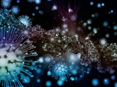 Coronavirus Mikro Dünyası. Viral Salgın Serisi. Coronavirus parçacıkları ve mikro uzay elementlerinin virüs, salgın hastalık, enfeksiyon, hastalık ve sağlık için 3D çizimi