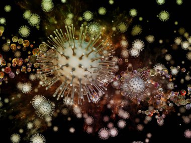 Coronavirus Mantığı. Viral Salgın Serisi. Coronavirus parçacıkları ve mikro uzay elementlerinin virüs, salgın, enfeksiyon, hastalık ve sağlık teması üzerine 3D Illustration